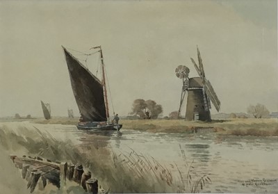 Lot 64 - William Leslie Rackham (1864-1944) watercolour - Mill and Wherry, Reedham