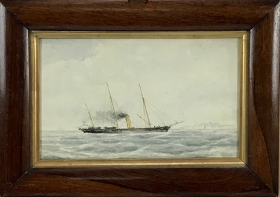 Lot 63 - Two 19th century marine watercolours - Trade ship, 20cm x 12cm, Boats at harbour 29cm x 16cm behind glass in wooden frames