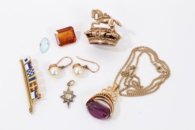 Lot 11 - 9ct gold horse fob with carnelian seal, one other 9ct gold fob on 9ct gold chain, Victorian diamond star pendant, 9ct gold and enamel nautical flag brooch