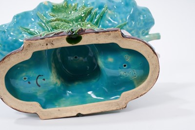 Lot 111 - Rare Victorian Minton majolica rabbit and lettuce leaf comport, modelled as two rabbits supporting a leaf-shaped dish, painted with coloured glazes, 25cm wide, impressed marks, shape no. 1451, circ...