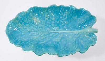 Lot 111 - Rare Victorian Minton majolica rabbit and lettuce leaf comport, modelled as two rabbits supporting a leaf-shaped dish, painted with coloured glazes, 25cm wide, impressed marks, shape no. 1451, circ...