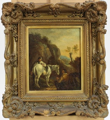 Lot 1053 - 19th century Continental School oil on board- Travellers in a rocky landscape, in 
gilt frame. 20 x 17cm.