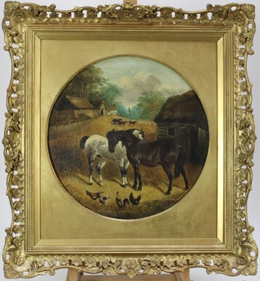 Lot 1042 - After J.F. Herring, oil on board, 19th century tondo, of a farmyard 
scene with horses and chickens, in ornate gilt frame. 
Diameter 38cm.