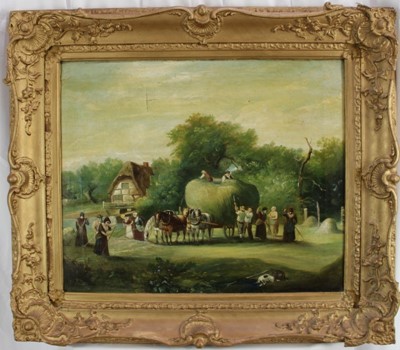 Lot 1081 - Early 19th century English School oil on canvas- pastoral hay 
making scene, in gilt frame. 49 x 60cm.