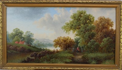 Lot 1045 - M. Winder oil on board- wooded river landscape with a figure on a path 
in the foreground, signed and dated 1903, 
in gilt frame. 30 x 57cm.