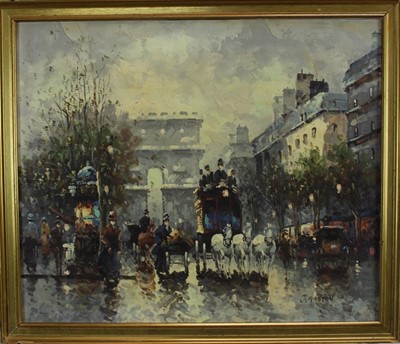 Lot 1082 - Johnny Gaston (b. 1955) oil on canvas board- Parisian scene with a horse drawn coach and the Arc de Triomphe beyond, signed, in gilt frame. 
50 x 60cm.