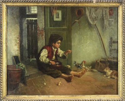 Lot 1046 - Elizabeth Gardner, 19th century oil on canvas- interior scene with a seated boy stopping a cat 
from attacking chickens, signed, 
in gilt frame. 42 x 52cm.