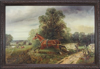 Lot 1048 - Edward Priestley 19th century oil on 
canvas-  A runaway cart horse chasing the hunt, signed, in oak frame. 49 x 75cm.