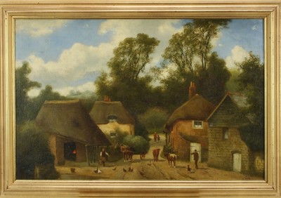 Lot 1043 - Charles Vickers (1821 - 1895), oil on canvas a scene in Cockington Village, Devon, with  
rustic figures and animals, signed, 
in gilt frame. 39 x 60cm.