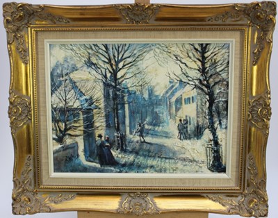 Lot 1210 - *Tom Keating oil on canvas- figures in the street, signed, in gilt frame