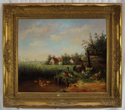 Lot 1073 - Leon Arie Feyen (b. 1947) oil on panel, fowl in a landscape