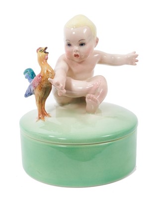 Lot 1320 - Lenci ceramic figural box in the form of a baby and cockerel