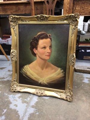 Lot 382 - Oil on canvas quarter length portrait of a lady