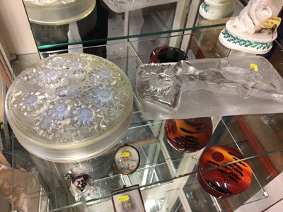 Lot 59 - Verlys France opalescent moulded glass box decorated with a floral pattern, together with a similar figural plaque signed Angela Bishop (2)