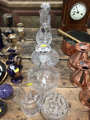 Lot 26 - Stuart cut glass carafe, Edinburgh Crystal cut glass jug, Waterford cut glass ships decanter, two other decanters and a cut glass rose bowl