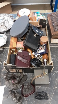 Lot 147 - Two boxes of mixed items including penknives, stackable hunting cups, similar decanter set, old camera, packs of playing cards etc
