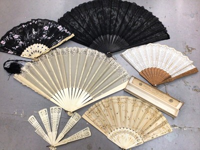 Lot 322 - Collection of various fans including painted silk gauze, lace, brise, bone and J Duvelleroy London box.