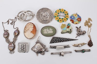 Lot 36 - Group of vintage silver brooches and two necklaces