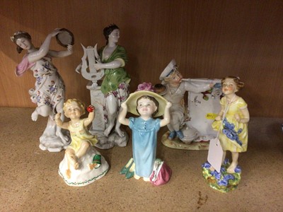 Lot 56 - Three Royal Worcester porcelain figures, Victorian Menu holder and a pair late 19th century German porcelain figures