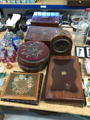 Lot 18 - Three Victorian mahogany boxes, a pair of beadwork footstools, a mantel clock and two needlework items