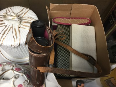Lot 261 - Two Victorian cheese domes, binoculars, cutlery sets, brass lamp, oak box and sundry items