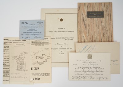 Lot 43 - The Marriage of H.R.H.The Princess Elizabeth with Lieutenant Philip Mountbatten R.N. November 20th 1947, scarce invitation to Miss B.Poignand , entrance ticket, Order of Service, car window sticker...