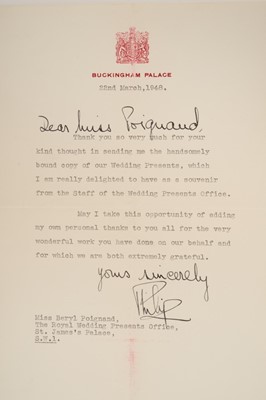 Lot 45 - H.R.H. The Duke of Edinburgh, signed typed letter on Buckingham Palace headed writing paper dated 22nd of March 1948, The Duke thanks Miss Beryl Poignand for her kind thought of sending him a hands...