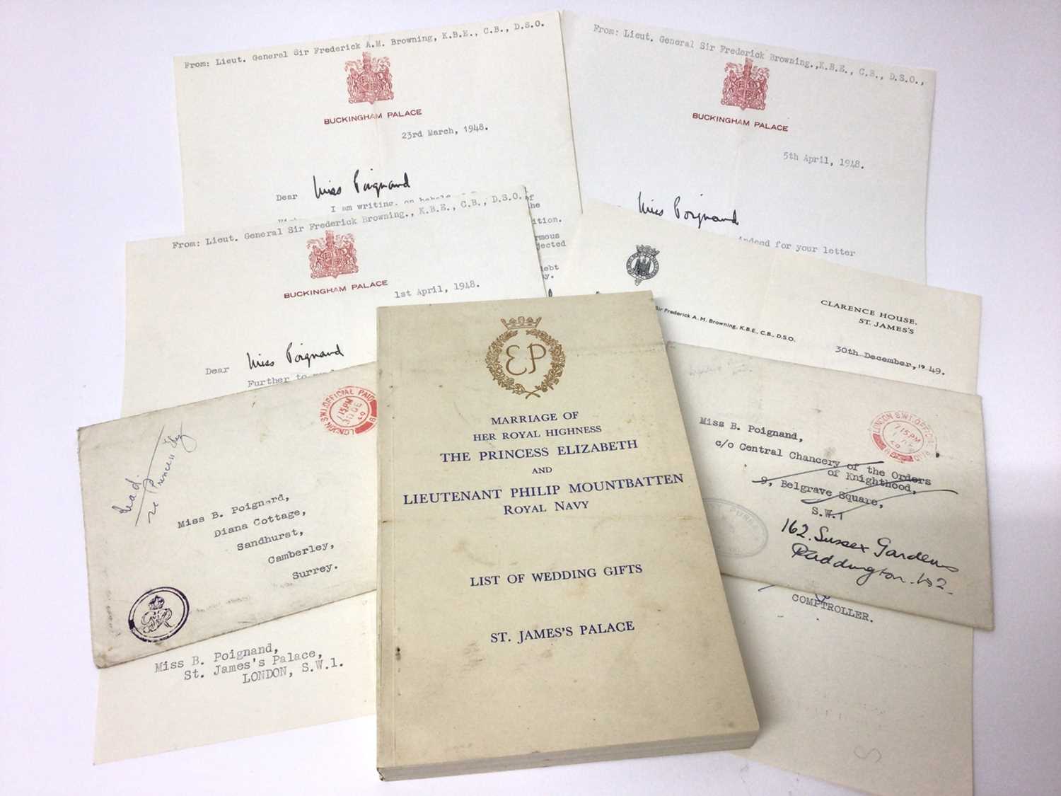 Lot 46 - The Marriage of H.R.H.The Princess Elizabeth with Lieutenant Philip Mountbatten R.N. November 20th 1947, List of Wedding gifts and various correspondence from Lt.General Sir Frederick Browning , Th...