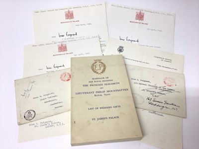 Lot 46 - The Marriage of H.R.H.The Princess Elizabeth with Lieutenant Philip Mountbatten R.N. November 20th 1947, List of Wedding gifts and various correspondence from Lt.General Sir Frederick Browning , Th...