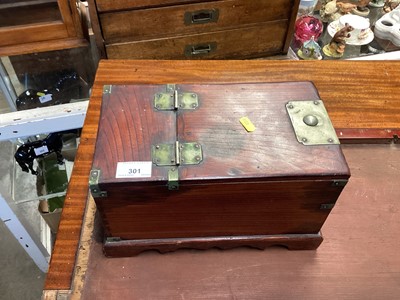 Lot 301 - Chinese elm vanity box, together with an oak table display cabinet and an oak canteen (3)