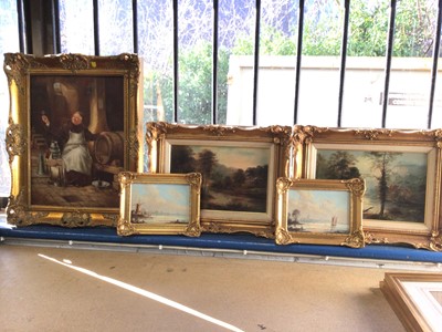 Lot 217 - Pair of oil on canvas landscapes and an oil depicting a monk in a cellar and two pairs of oil landscapes