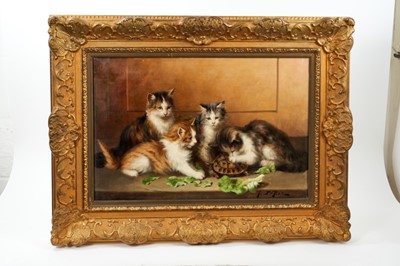 Lot 1147 - T Le Roy (19th century) oil on canvas, Kittens with their friend the tortoise