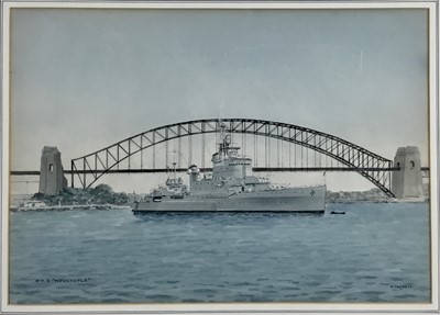 Lot 102 - Cdr. Eric Erskine Campbell Tufnell (1888-1978) watercolour - H.M.S. Newcastle, Sydney Harbour, signed, plus 3 photographs