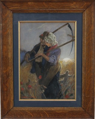 Lot 133 - Geoffrey Strahan, signed watercolour - Rustic Courtship, 22cm x 30cm in glazed wooden frame