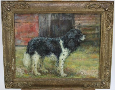 Lot 170 - English school oil on board - standing dog portrait, monogrammed ‘R.H.B.’`