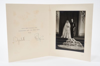 Lot 60 - T.R.H.The Princess Elizabeth (later H.M.Queen Elizabeth II) and The Duke of Edinburgh, signed 1947 Christmas card with gilt embossed crown to cover, wedding day photograph to interior, signed ' E...