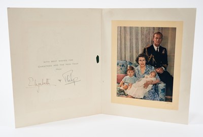 Lot 63 - T.R.H.The Princess Elizabeth (later H.M.Queen Elizabeth II) and The Duke of Edinburgh, signed 1950 Christmas card with crowned Duke of Edinburgh cipher to cover, colour photograph of the Royal co...