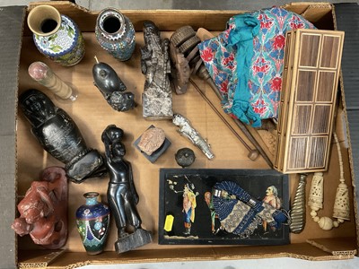 Lot 122 - Interesting group of decorative items, carvings, cloisonné vases etc