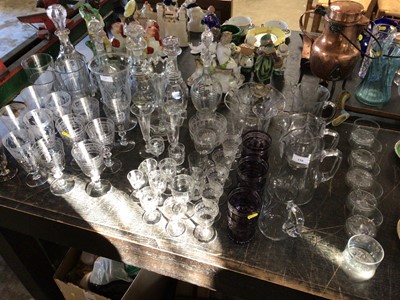 Lot 170 - Good collection of glassware, mostly cut or etched, including decanters, wine glasses, a set of six cut amethyst tumblers, etc