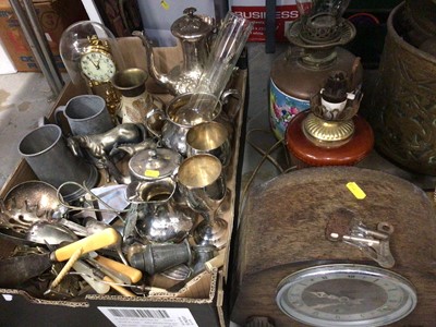 Lot 489 - Group metal ware, silver plated items, mantle clocks, oil lamps etc