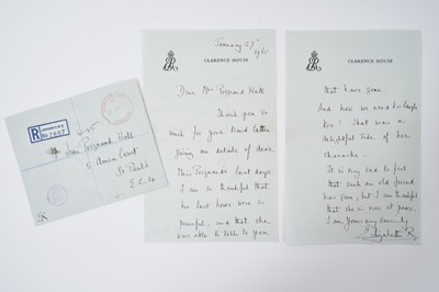 Lot 81 - H.M.Queen Elizabeth The Queen Mother, handwritten letter on Clarence House headed writing paper dated January 27th 1965 to Mrs Poignand Hall (Beryl Poignands' sister) The Queen Mother writes to th...