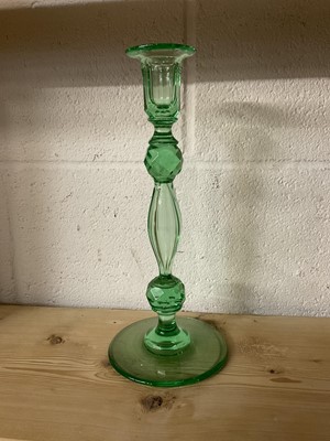 Lot 352 - Good quality green glass single candlestick with cut stem on circular base, 30cm high