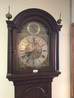 Lot 980 - 18th century oak cased Grandfather clock with brass arm dial and 8 day movement, manner Thomas Martin, London
