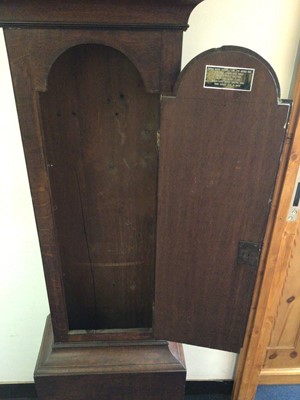 Lot 980 - 18th century oak cased Grandfather clock with brass arm dial and 8 day movement, manner Thomas Martin, London
