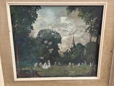 Lot 372 - Mid 20th century English school oil on board, cricket match