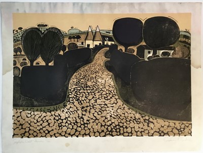 Lot 119 - Graham Clarke (b. 1941) print - Sepharn East Houses, signed and numbered 17/100, circa 1960's, 66cm x 46cm, unframed