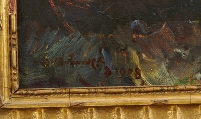Lot 1163 - *Sir Alfred Munnings oil on canvas - Bay Hunter in Landscape, signed and dated 1908