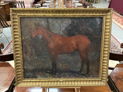 Lot 1163 - *Sir Alfred Munnings oil on canvas - Bay Hunter in Landscape, signed and dated 1908