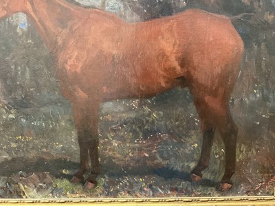 Lot 1163 - *Sir Alfred Munnings oil on canvas - Bay Hunter in Landscape, signed and dated 1908