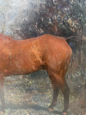 Lot 1163 - *Sir Alfred Munnings oil on canvas - Bay Hunter in Landscape, signed and dated 1908